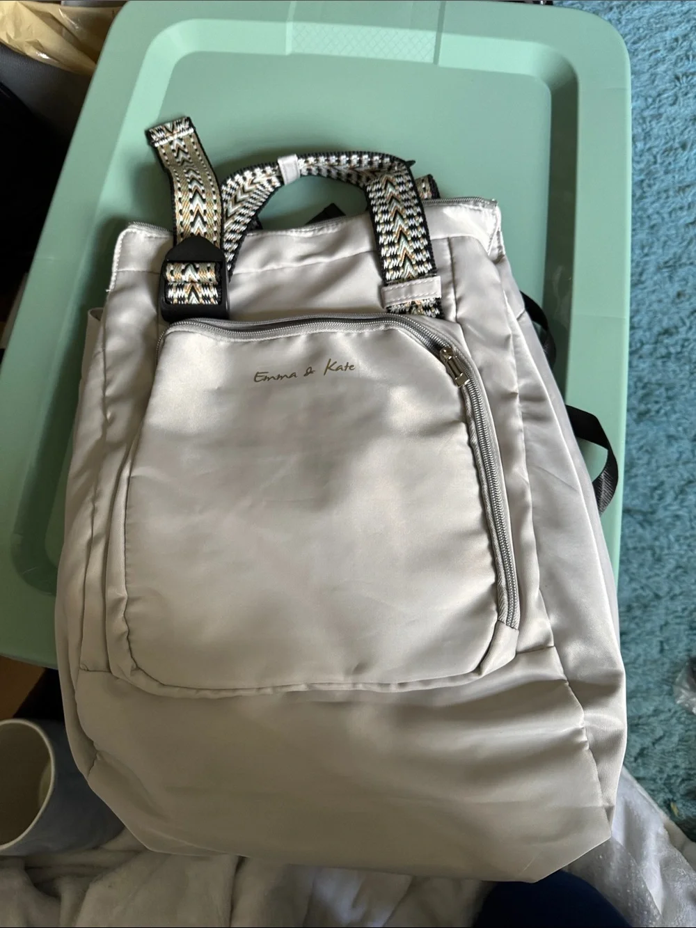 Emma & Kate Light Gray Women's Backpack Tote with Patterned Straps